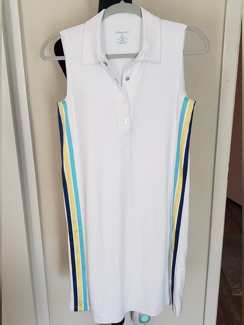 J. McLaughlin White Sleeveless Polo Dress with Blue, Yellow & Aqua Side Stripes